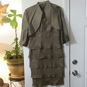 Bronze gold gem embroidered ruffle dress and jacke